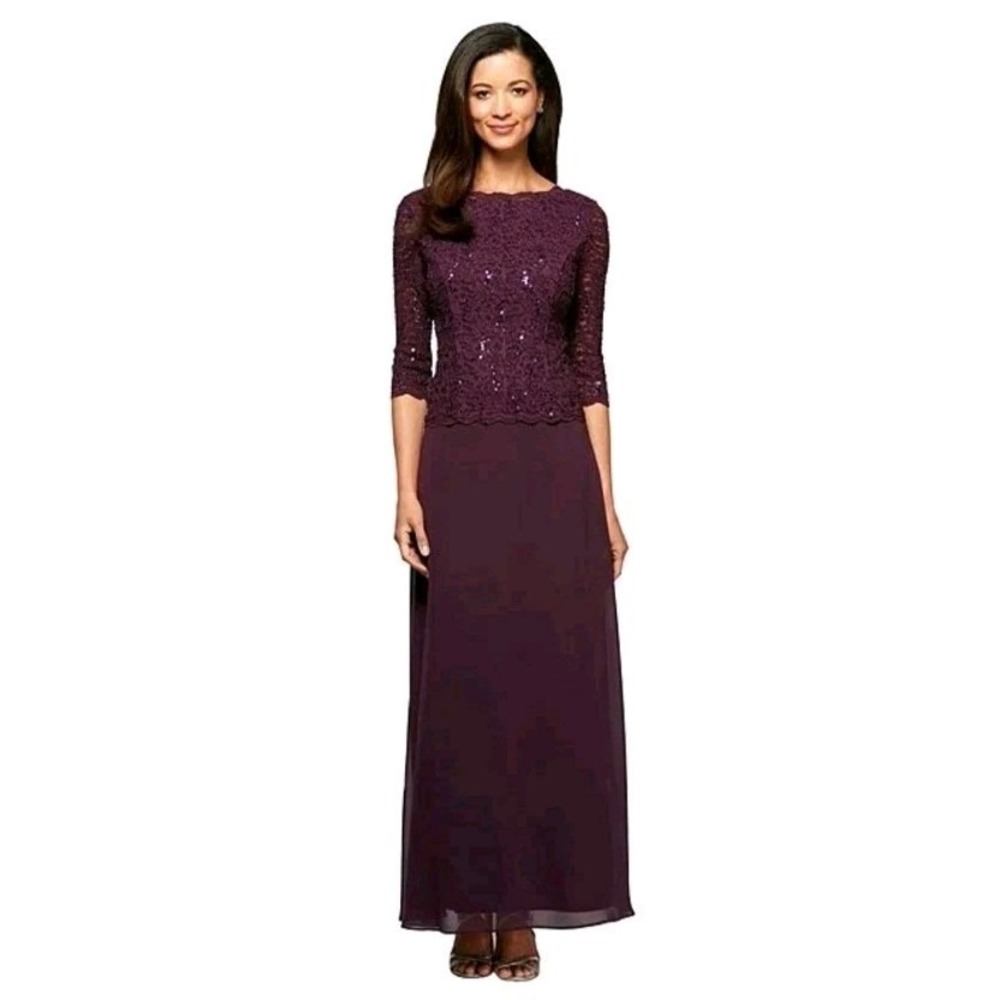 ALEX EVENING LONG GOWN WITH SEQUIN LACE BODICE 10P PETITE
